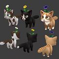 Cute Colored Cartoon Kittens With Different Flowers On Head Front And Back Views 3d model