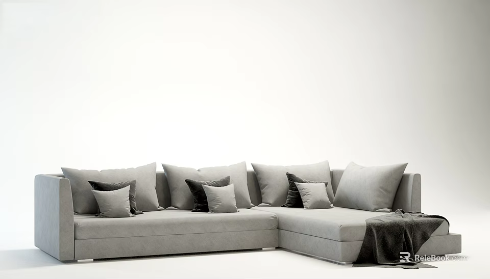 Modern Gray Sectional Sofa With Multiple Pillows And Soft Throw Blanket 3d model