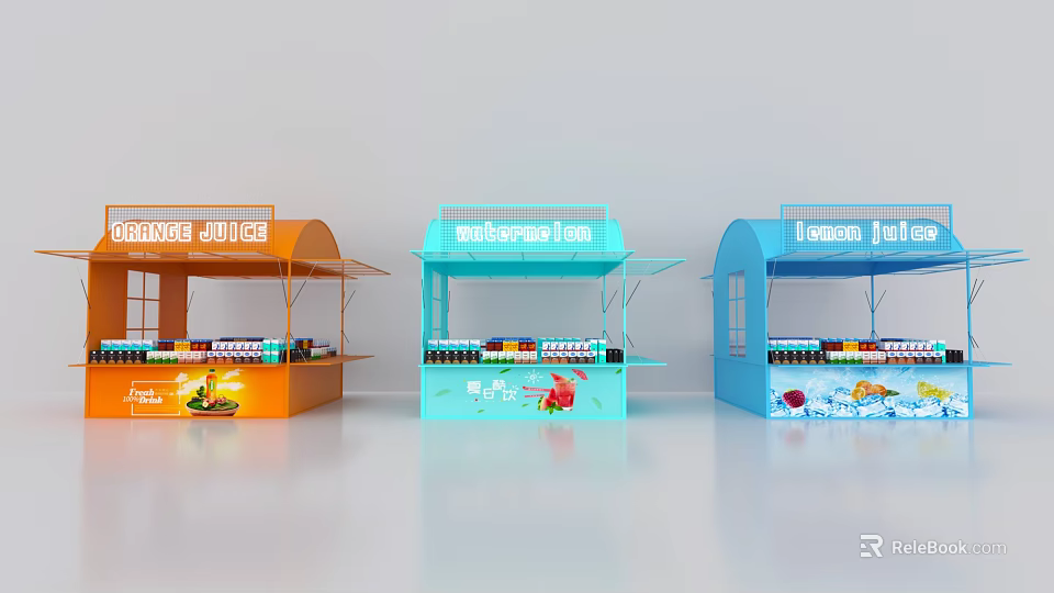 Colorful Commercial Equipment Kiosks in Orange Blue Light Blue for Beverage Sales with Display Shelves 3d model 