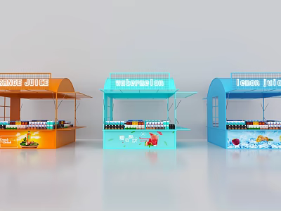 Colorful Commercial Equipment Kiosks in Orange Blue Light Blue for Beverage Sales with Display Shelves 3d model