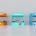 Colorful Commercial Equipment Kiosks in Orange Blue Light Blue for Beverage Sales with Display Shelves