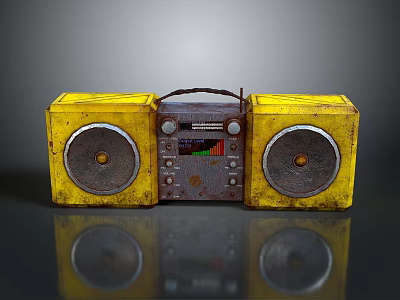 Vintage Yellow Electronic Boombox Appliance Featuring Rusty Speakers and Retro Design 3d model