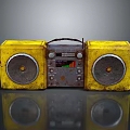 Vintage Yellow Electronic Boombox Appliance Featuring Rusty Speakers and Retro Design