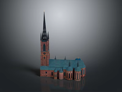 Traditional Red Brick Church Building With Black Topped Tall Spire Blue Roof And Dome 3d model