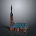 Traditional Red Brick Church Building With Black Topped Tall Spire Blue Roof And Dome