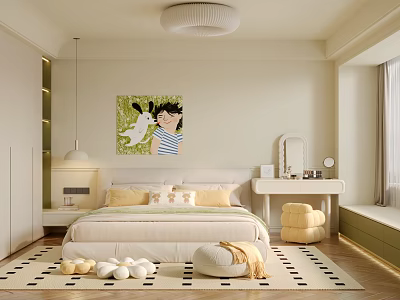 Cozy Children's Bedroom Interior With Cute Wall Art And Soft Plush Rug 3d model