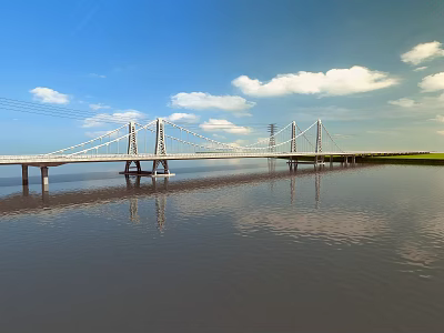 Modern Cable Stayed Landscape Bridge Over Calm Water With Blue Sky And White Clouds 3d model