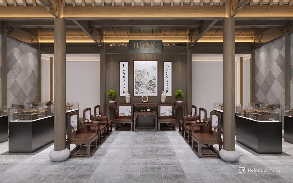 Traditional Chinese Hall Interior With Wooden Columns Classic Furniture And Calligraphy Paintings 3d model 