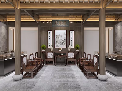 Traditional Chinese Hall Interior With Wooden Columns Classic Furniture And Calligraphy Paintings 3d model