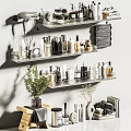 Organized Bathroom Shelf With Essential Cleaning Toiletries Bottles Towel And Fresh Plants