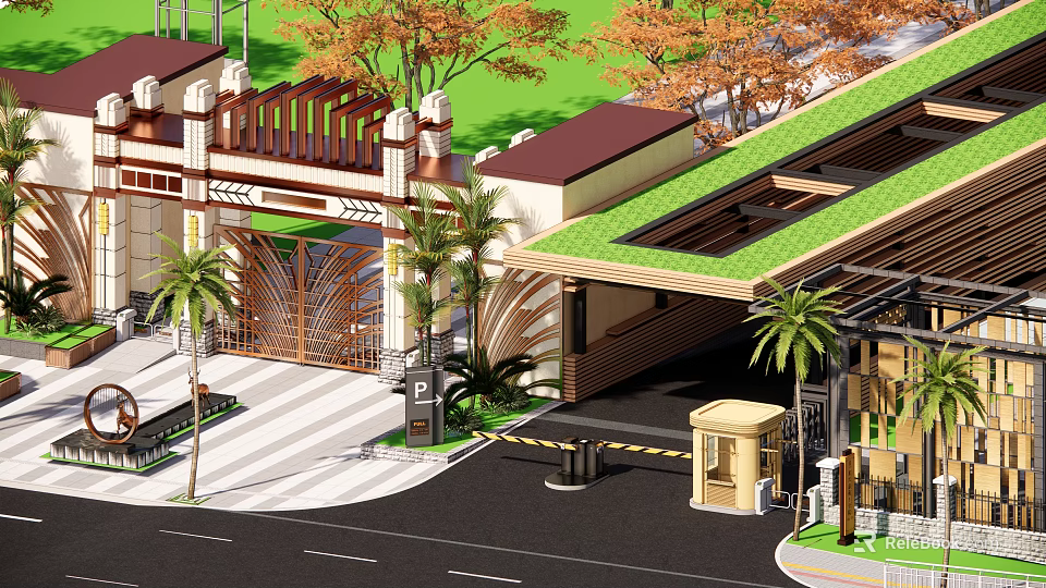 Luxurious Entrance Gate With Metal Fence Palm Trees Green Roof And Security Kiosk 3d model 