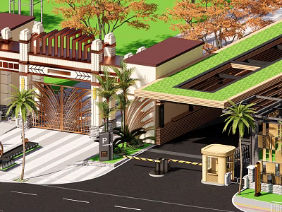 Luxurious Entrance Gate With Metal Fence Palm Trees Green Roof And Security Kiosk 3d model
