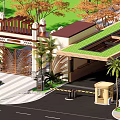 Luxurious Entrance Gate With Metal Fence Palm Trees Green Roof And Security Kiosk