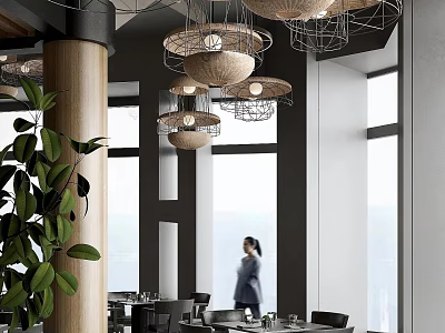 Modern Restaurant Interior With Hanging Pendant Lights Large Windows And Green Plants 3d model