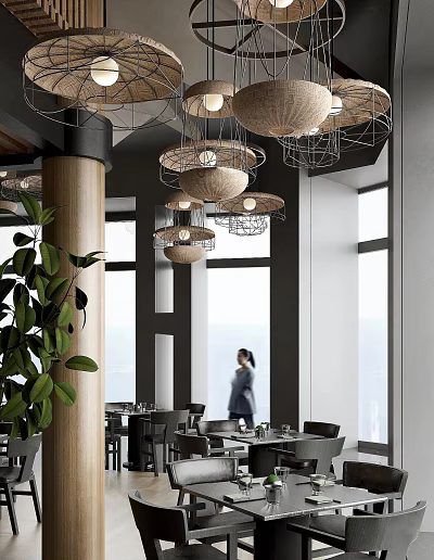 Modern Restaurant Interior With Hanging Pendant Lights Large Windows And Green Plants 3d model