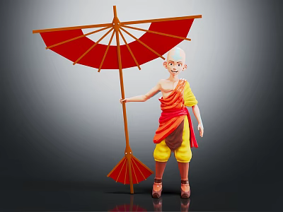 Young Monk Character In Orange Yellow Robe Holding Red Umbrella On Gray Background 3d model