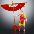 Young Monk Character In Orange Yellow Robe Holding Red Umbrella On Gray Background