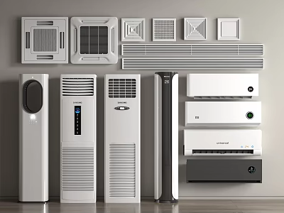 Various Types of Air Conditioner Fans Including Wall Mounted and Standing Designs for Home Use 3d model