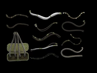 Assorted Curved Metal Weapon Components With White Black Designs And Storage Case 3d model