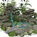 Garden Ornaments Featuring Rockery Stone Formations Lush Green Plants And Decorative Stones