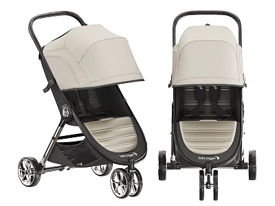Functional Baby Stroller With Beige Canopy Black Frame Striped Seat And Wheels 3d model