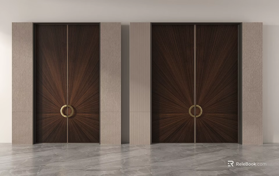 Elegant Wooden Double Doors With Radiating Pattern Golden Ring Handles And Light Stone Frames 3d model