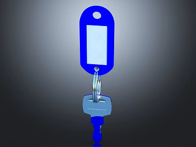 Elegant Jewelry Keychain With Blue Rectangular Tag White Center And Silver Key 3d model