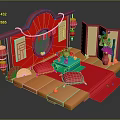 Traditional Chinese Interior With Red Archway Folding Screen Lanterns And Fortune Character