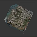 Ancient Coastal Fortress Architecture Model With Surrounding Waters Green Vegetation And Harbor