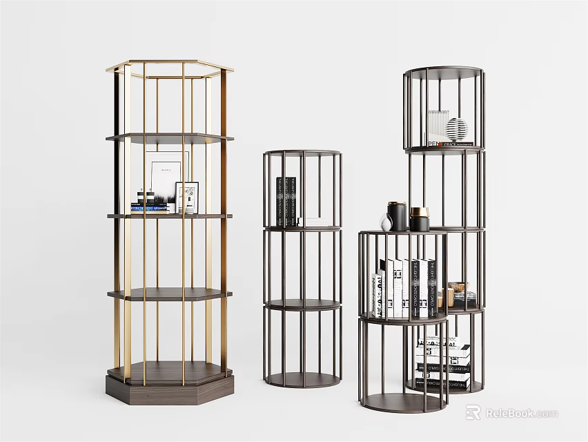 Modern Bookshelf Designs With Metal Frame Layered Shelves Gold Black Accents Round And Hexagonal Structure 3d model 