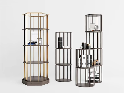 Modern Bookshelf Designs With Metal Frame Layered Shelves Gold Black Accents Round And Hexagonal Structure 3d model