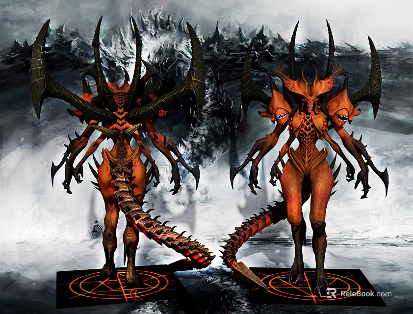 Game Fantasy Characters With Horns Wings Scaled Tails On Snowy Mountain Backdrop And Circular Symbols 3d model 