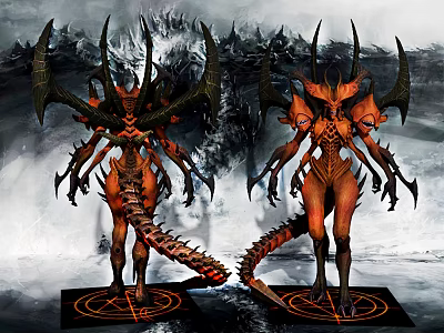 Game Fantasy Characters With Horns Wings Scaled Tails On Snowy Mountain Backdrop And Circular Symbols 3d model