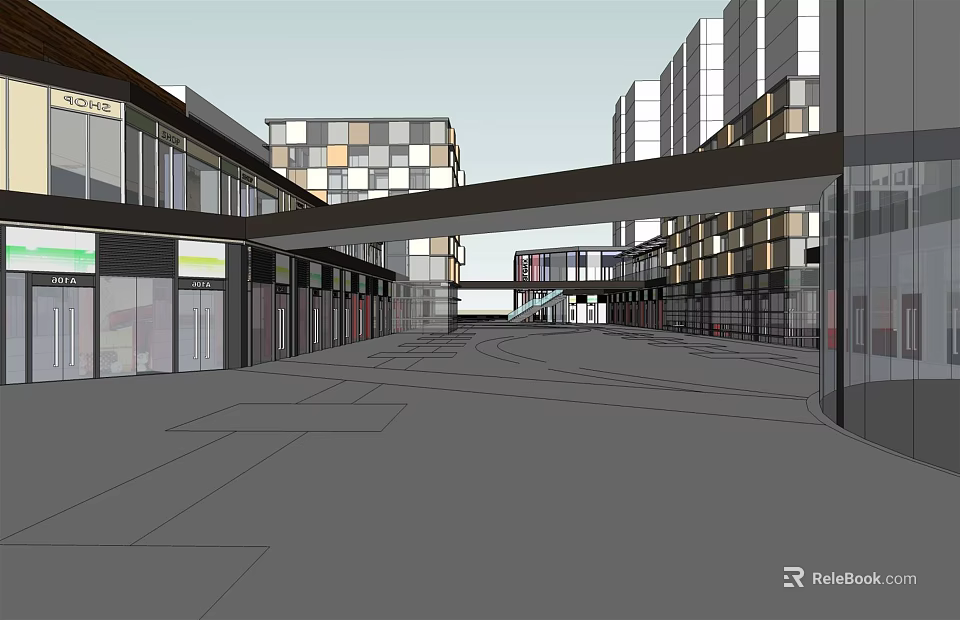 Modern Commercial Street With Retail Shops On Both Sides And Connecting Footbridge 3d model 