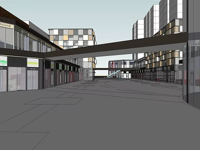 Modern Commercial Street With Retail Shops On Both Sides And Connecting Footbridge 3d model