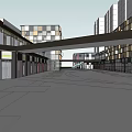 Modern Commercial Street With Retail Shops On Both Sides And Connecting Footbridge