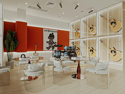 School Music Classroom With Guitars Drums Plants And Transparent Chairs 3d model
