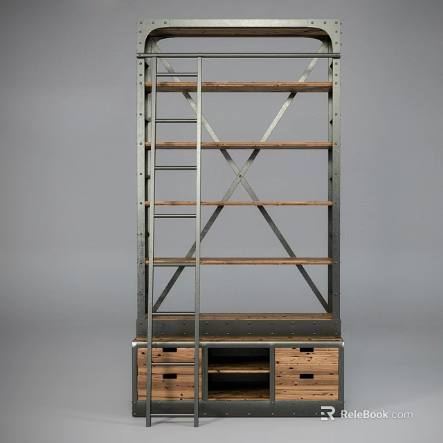 Industrial Display Shelf With Metal Frame Wooden Shelves And Storage Drawers 3d model 