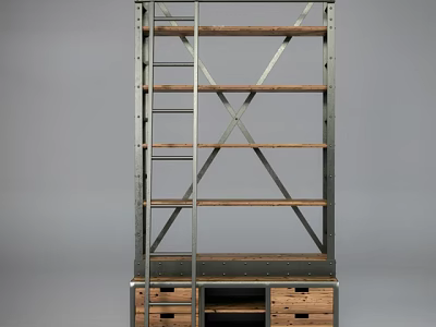 Industrial Display Shelf With Metal Frame Wooden Shelves And Storage Drawers 3d model