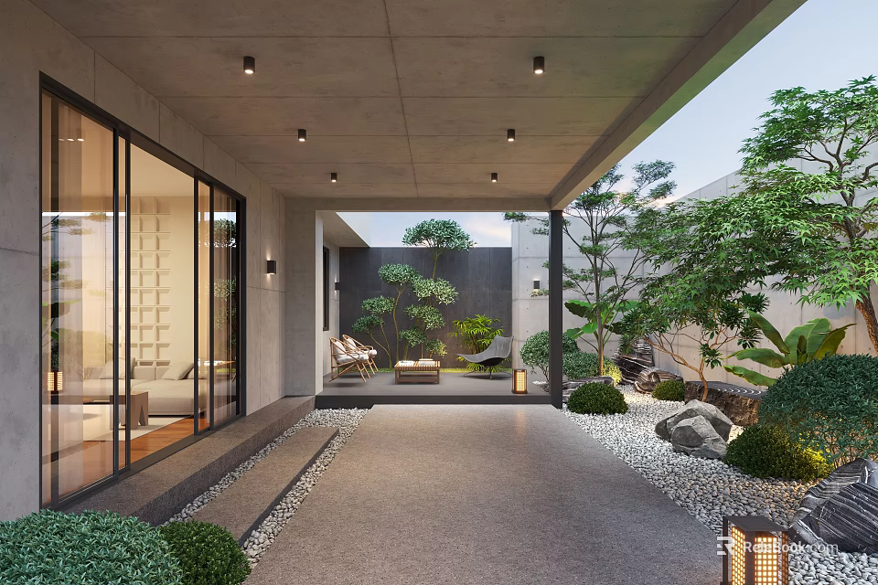 Modern Courtyard Garden Design with Glass Doors Outdoor Lounge Chairs Green Plants Rocks and Lanterns 3d model 