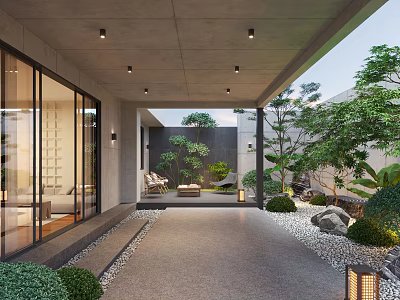 Modern Courtyard Garden Design with Glass Doors Outdoor Lounge Chairs Green Plants Rocks and Lanterns 3d model