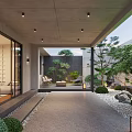 Modern Courtyard Garden Design with Glass Doors Outdoor Lounge Chairs Green Plants Rocks and Lanterns
