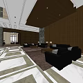Front Desk Reception Lobby With Spacious Interior Marble Floor Wooden Ceiling And Hanging Pendant Lights