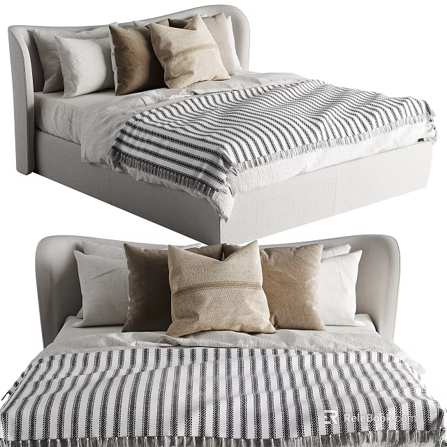 Modern Upholstered Double Bed Interior With Striped Blanket And Multiple Neutral Pillows 3d model