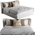 Modern Upholstered Double Bed Interior With Striped Blanket And Multiple Neutral Pillows 3d model