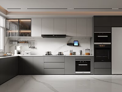 Modern Kitchen Interior Design With Gray White Cabinets Marble Countertops And Appliances 3d model