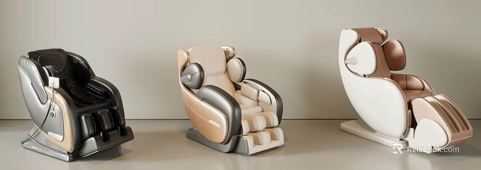 Modern Beige and Black Massage Chair With Ergonomic Design Headrest and Footrest 3d model 
