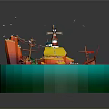 Scenic Circular Blue Water Landscape With Yellow Hill Windmill Red Boat Orange Structure And Boats