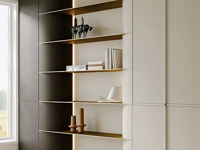 Modern Open Shelf Unit With LED Lighting And Decorative Sculptures On Wooden Frame 3d model