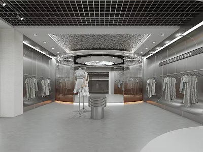 Modern Clothing Store Interior With Open Layout Metallic Racks And Glass Displays 3d model